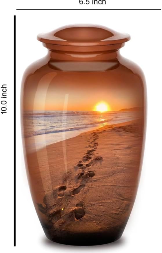 Footprints Urn, Footprints Cremation Urn for Ashes, Hand Painted Adult Beach Urn, Handmade Beach Cremation Urn with Velvet Bag (Large) urn