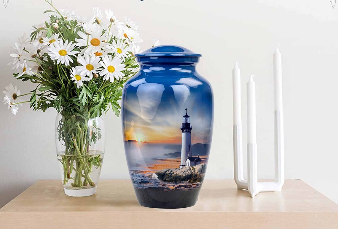 Lighthouse Urn, Lighthouse Urn for Ashes, Handcrafted Lighthouse Memorial Urn, Handmade Adult Cremation Urn with Velvet Bag 10x6.5 inch