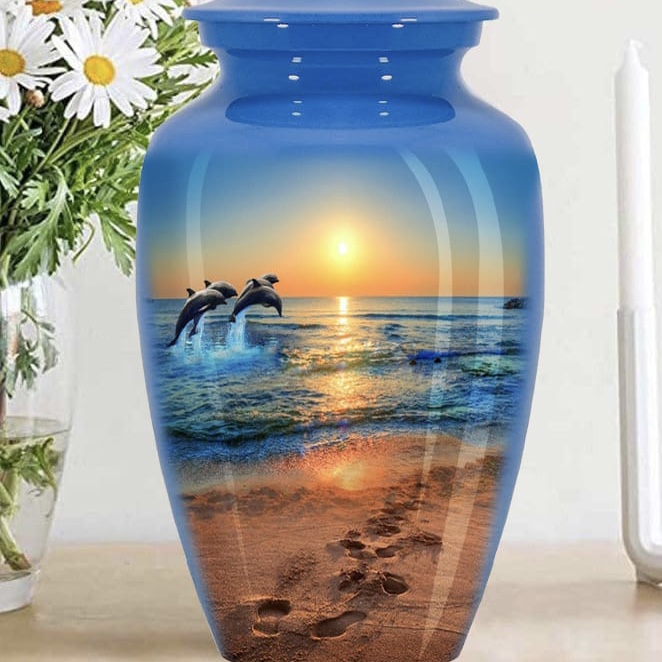 Divine Blue Ocean Dancing Dolphin Cremation Urn for Human Ashes Adult Female for Funeral, Burial & Home, 10X6 inches