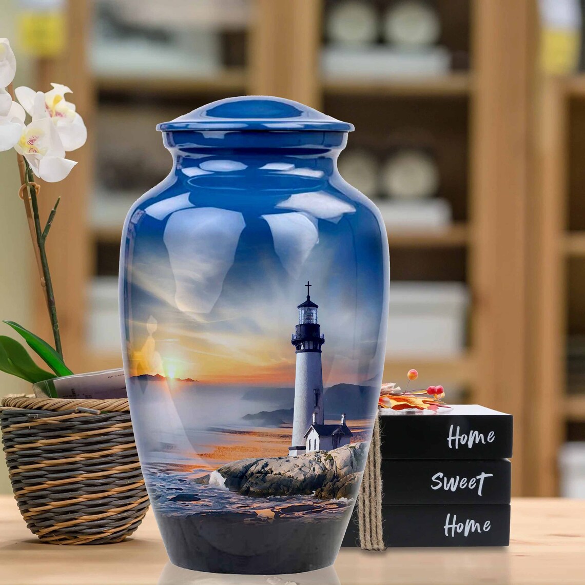 Lighthouse Urn, Lighthouse Urn for Ashes, Handcrafted Lighthouse Memorial Urn, Handmade Adult Cremation Urn with Velvet Bag 10x6.5 inch