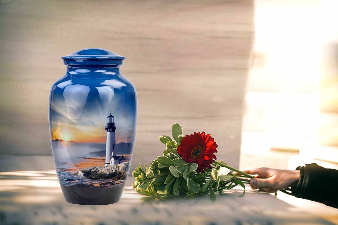Lighthouse Urn, Lighthouse Urn for Ashes, Handcrafted Lighthouse Memorial Urn, Handmade Adult Cremation Urn with Velvet Bag 10x6.5 inch