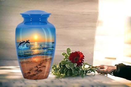 Divine Blue Ocean Dancing Dolphin Cremation Urn for Human Ashes Adult Female for Funeral, Burial & Home, 10X6 inches