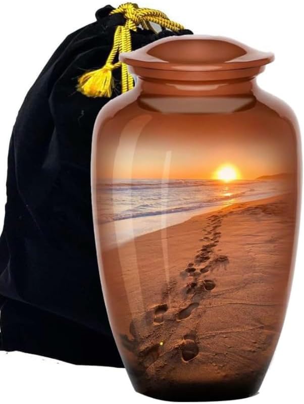  Footprints Urn, Footprints Cremation Urn for Ashes, Hand Painted Adult Beach Urn, Handmade Beach Cremation Urn with Velvet Bag (Large) urn