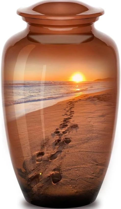 Footprints Urn, Footprints Cremation Urn for Ashes, Hand Painted Adult Beach Urn, Handmade Beach Cremation Urn with Velvet Bag (Large) urn