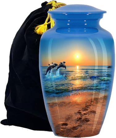 Divine Blue Ocean Dancing Dolphin Cremation Urn for Human Ashes Adult Female for Funeral, Burial & Home, 10X6 inches