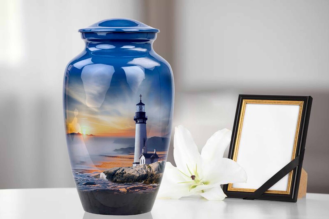 Lighthouse Urn, Lighthouse Urn for Ashes, Handcrafted Lighthouse Memorial Urn, Handmade Adult Cremation Urn with Velvet Bag 10x6.5 inch